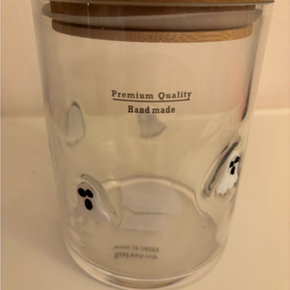 Handmade Glass Jar with Ghosts and Wood Lid, Fairy Lights Included, NEW with Tag